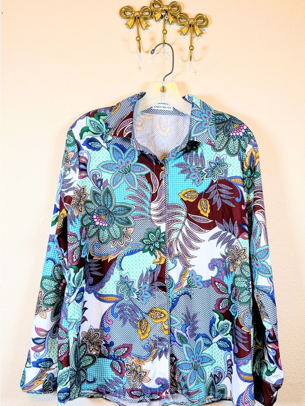 CherryBetty Women's Floral Button-Front Blouse - Teal, Royal, & Brown. Size M